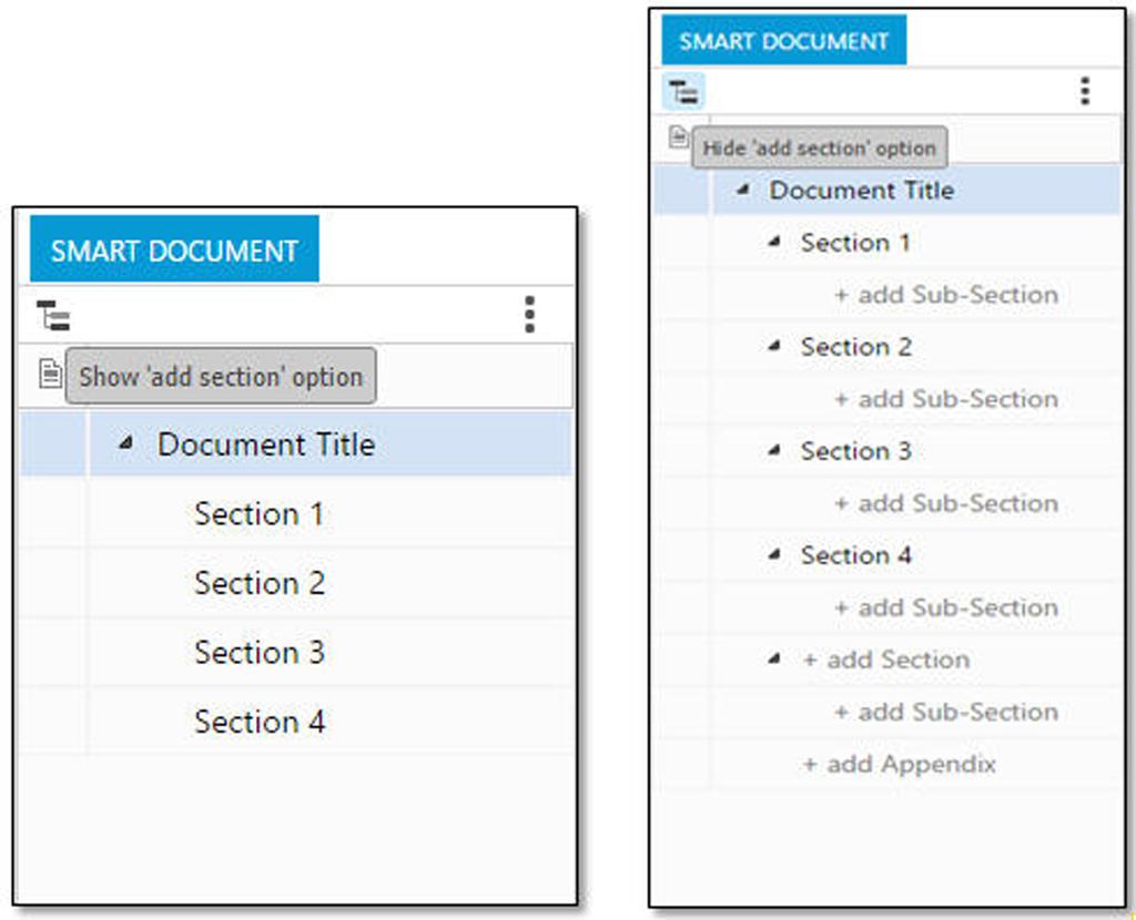 THE USER INTERFACE The Options button displays a drop-down menu of options available for the currently selected section of the document.