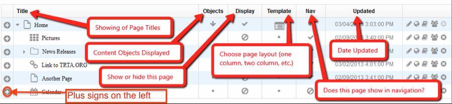 Columns in Site Manager Here s a description of the columns in your Site Manager: The leftmost column shows a plus sign for each page shown.