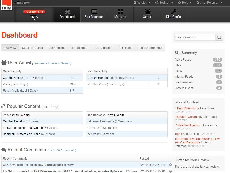 The Dashboard Once logged in to the Site Administrator, you will see the Dashboard.