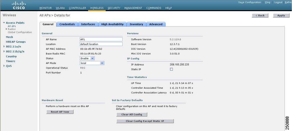Configuring Wireless Sniffing Appendix D Troubleshooting Figure D-14 All APs > Details for Page Step 3 Step 4 Step 5 Step 6 Step 7 From the AP Mode drop-down list, choose Sniffer.