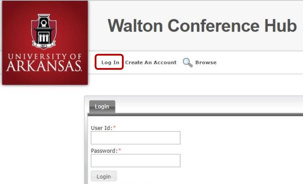 Submit New Request Log In-Existing Users Click on the Log In tab and enter user ID and Password. NOTE: If you are a UARK user, please login with your UARK username and password.