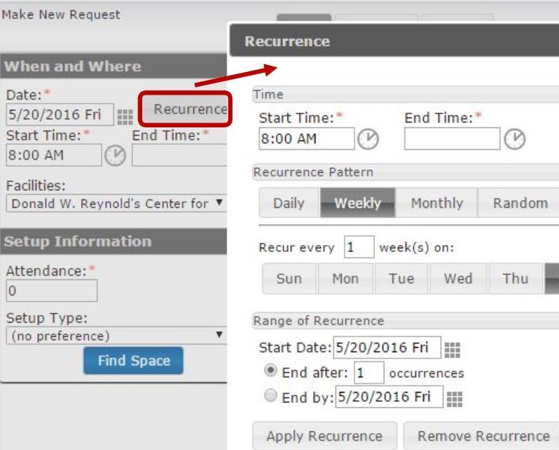 Facility Estimated Attendance Setup type (optional) For events that will occur more than once, select a recurring date using the Recurrence button.