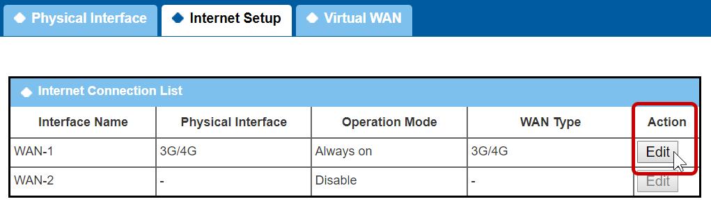Change APN 3 Open Basic Network >> WAN & Uplink and click the Internet Setup tab: Figure 2 Basic Networking > WAN & Uplink > Internet