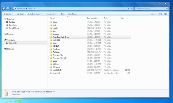 Create a folder on the C:/drive of the itrax PC. Name the folder itrax Blue Flash Drive.