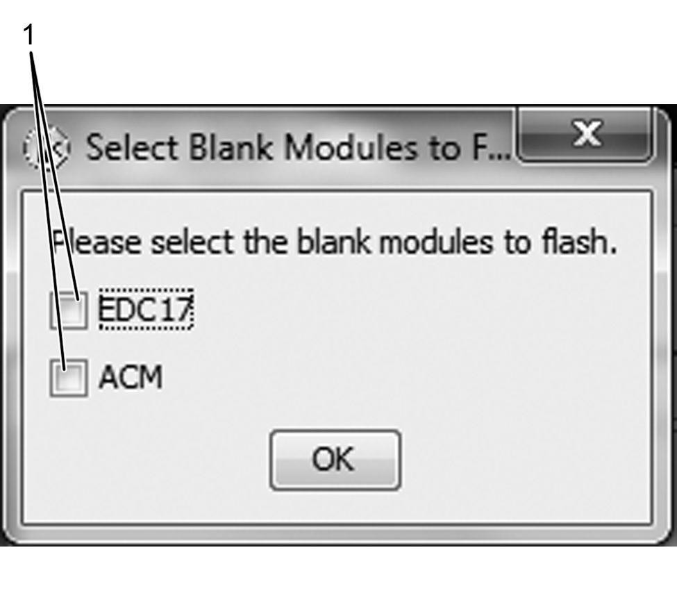 NAVKAL SOFTWARE 10. Select Blank Modules Window NOTE All modules associated with the engine platform selection will be shown. From this window you can select the replacement module to be flashed. 1. Select module check boxes (2) Figure 36 Blank Module Selection NOTE Graphic depicts module(s) from selected engine.