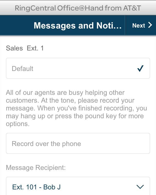 To set department call-handling rules, tap the highlighted Call Handling for your first Department. Tap Rotating to allow calls to rotate among department members.