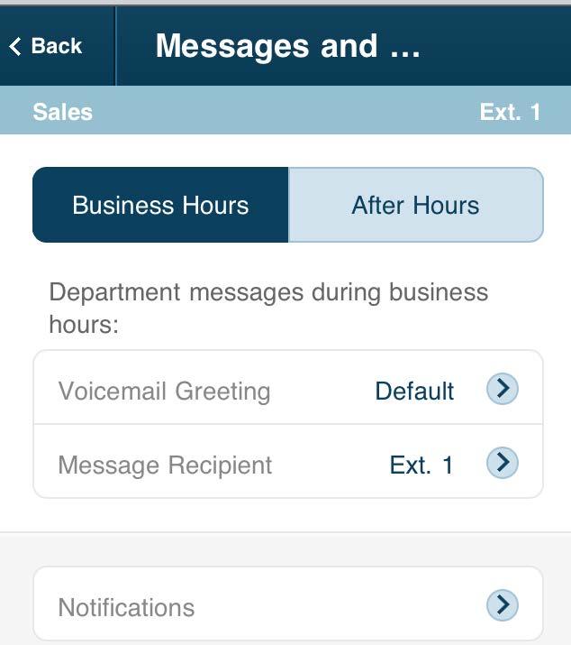 Department Messages/Voicemail Greetings This setting is for the department voicemail greeting, which callers hear when they are sent to voicemail. Tap Messages and Notifications.