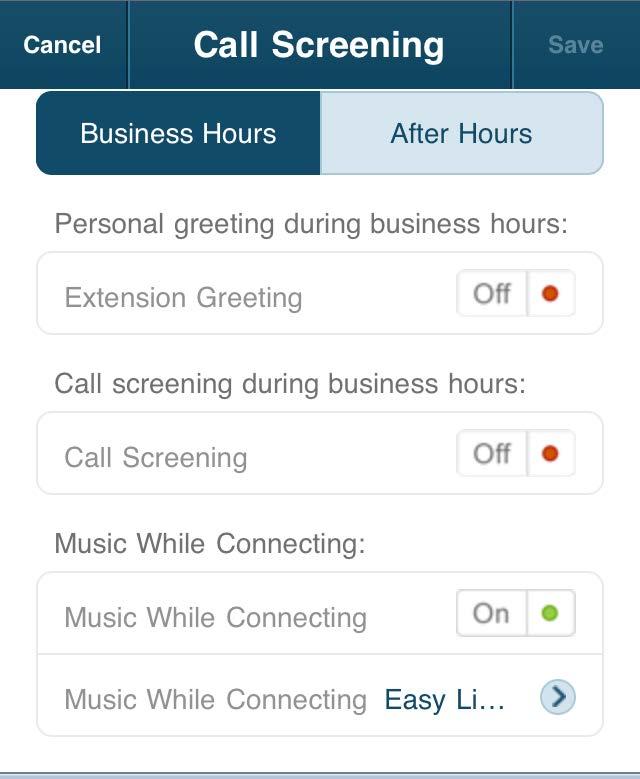 Turn on Call screening during business hours and choose to ask callers to say their name before connecting if Caller ID is not present, if the caller is not in the user s Contact list, or Always. 3.