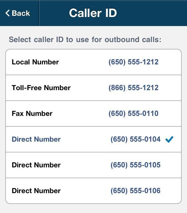 RingCentral Office@Hand from AT&T Mobile App Administrator Guide Administrator Settings Caller ID To set the number you want people to see when you place calls, tap Caller ID.
