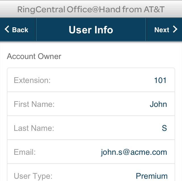 RingCentral Office@Hand from AT&T Mobile App Administrator Guide Getting Started Express Setup If this is a new account, then after installing the Office@Hand Mobile App on your smartphone and