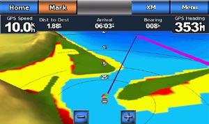 Marine Mode: Navigating Direct course Corrected course Following a Direct Course on the Mariner s Eye 3D Screen Note: When following a course, important navigation information appears in a data bar