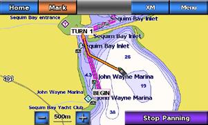 Marine Mode: Navigating 2. Follow the magenta and purple line (route leg) from the start point to the first turning point. 3.