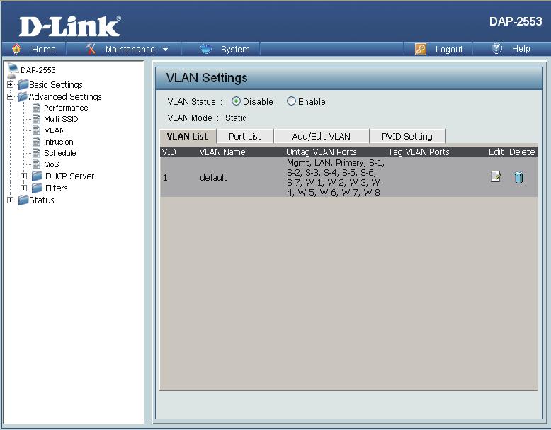 The DAP-2553 supports VLANs. VLANs can be created with a Name and VID. Mgmt (TCP stack), LAN, Primary/ Multiple SSID, and WDS connection can be assigned to VLANs as they are physical ports.
