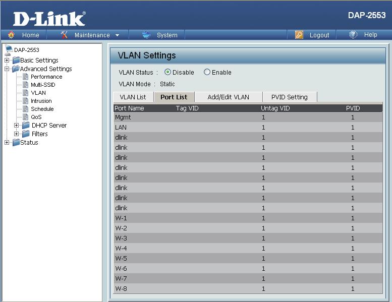The Port List tab displays the current ports. If you want to configure the guest and internal networks on a Virtual LAN (VLAN), the switch and DHCP server you are using must also support VLANs.