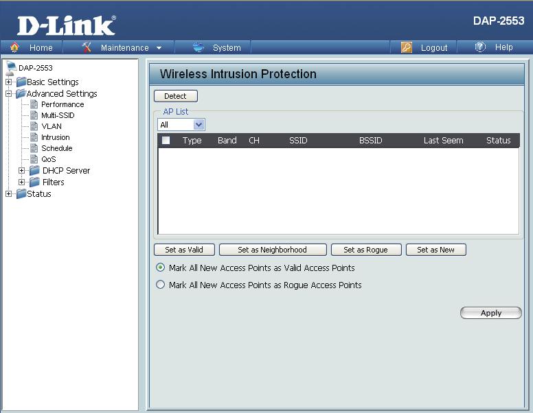 The Wireless Intrusion Protection window is used to set APs as All, Valid, Neighborhood, Rogue, and New.