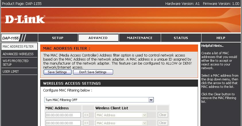 Section 3 - Configuration Advanced MAC Address Filter The MAC address filter section can be used to filter network access by machines based on the unique MAC addresses of their network adapter(s).