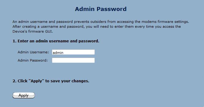 Select Admin Password from the menu on the left side of the screen (underneath Security ). 3. The Admin Password screen appears.