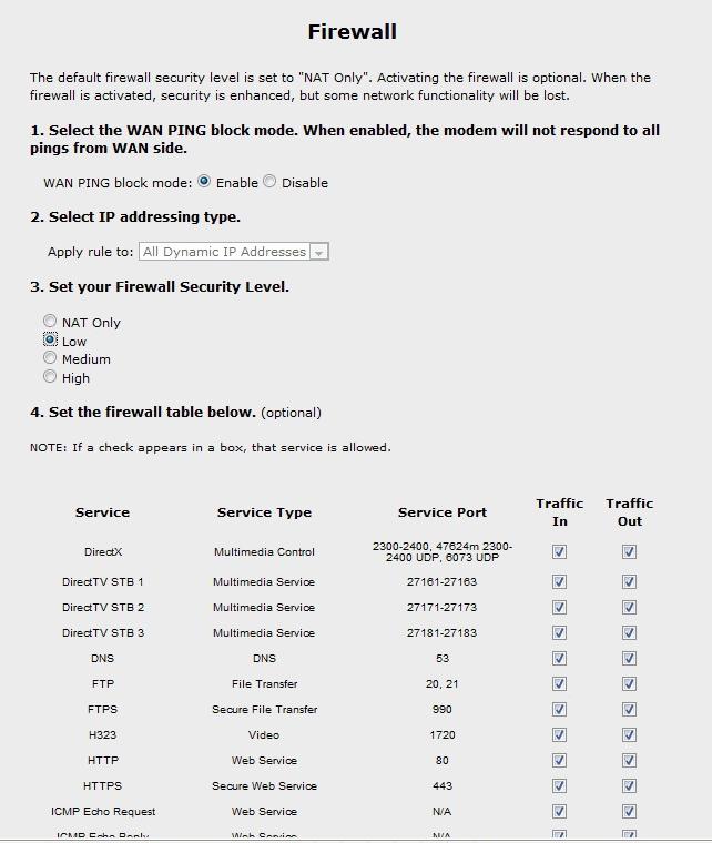 R3000 Wireless Router Firewall Click Firewall from any Firewall screen to generate the Firewall screen. This screen allows you to configure the firewall settings of the Router.