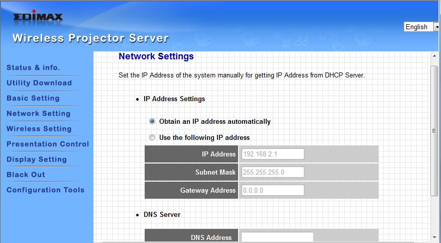3-4 Network Setting You can use this menu to change the setting of wired Ethernet connection and DNS (Domain Name Service) server.