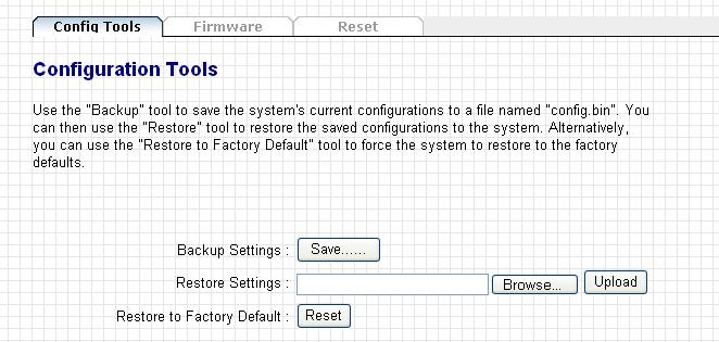 3-6 Configuration Tools This menu provides several useful functions, you can save projector server s configuration (backup), upgrade firmware (to improve projector server s functionality), or reset