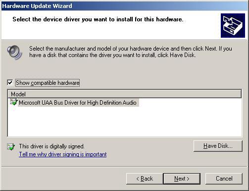 8. Refer to Figure 6 and select the Microsoft UAA Bus Driver for High Definition Audio and click