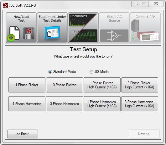 3.3 Test Setup Dialog. The user now needs to choose from Standard International test mode or Japanese JIS mode. Then one of the choices of Flicker or Harmonic tests needs to be selected.