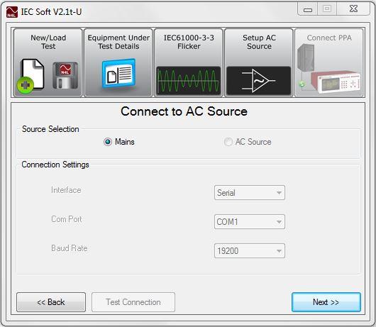 4.2 Connect to AC Source Dialog. This function is under development and will function as a remote AC source control feature in the future.