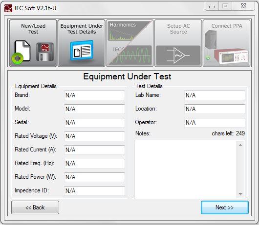 3.2 Equipment Under Test Dialog. The following window will now be displayed. When the above window is first displayed all values are shown as N/A.