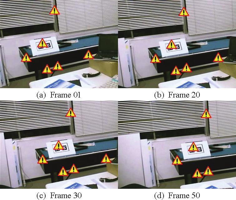 These points recognized as the 3D corners are displayed onto the input video sequence as shown in Fig.10. Next, we applied the proposed method to Scene.2 and Scene.3. The input image and the detected feature points are shown in Fig.