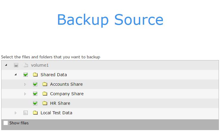 4. In the Backup Source window, you can select the source files and folders for backup. 5. Click the Show files checkbox if you want to select individual file(s) for backup.