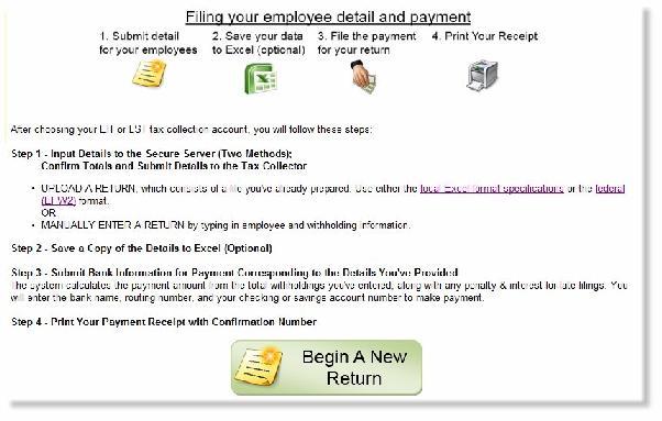 Preferred Option: File Both Employee Details AND Required Payment Click here and the wizard walks you through the steps. A check mark appears in the image at the top of page when a step is completed.