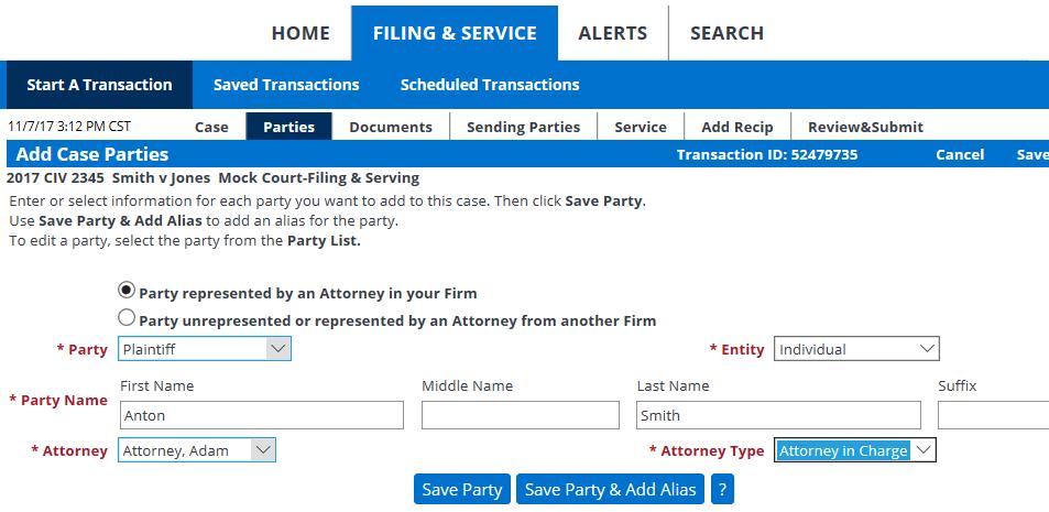 Adding a Case Tips: 1. Select Party represented by an Attorney in your firm from the radio buttons. 2. Select a Party Type from the drop-down menu. 3.