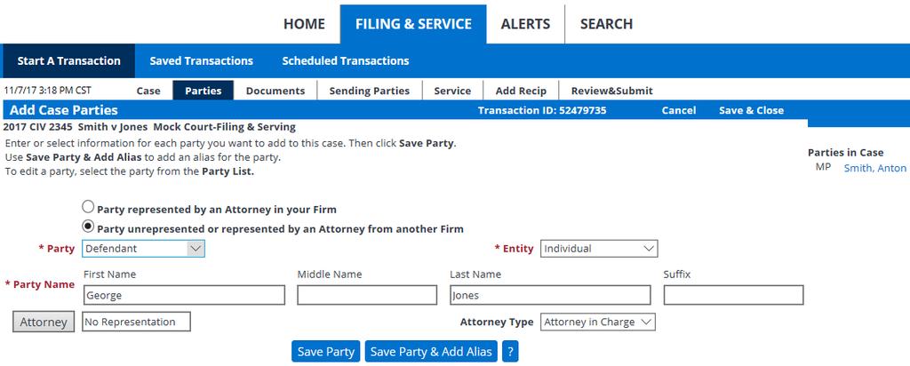 Adding a Case Tips: 1. To enter unrepresented parties or parties from another firm, click the radio button labeled Party unrepresented or represented by an Attorney from another firm. 2.