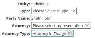 Select the attorney from your office that represents the party and select an attorney type. 8. Click Continue when finished.