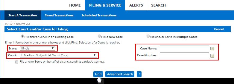 Start a Transaction To efile and/or eserve into an Existing Case, follow these steps: 1. To begin the filing/serving process, click the Filing & Service tab. The Start A Transaction queue appears. 2.
