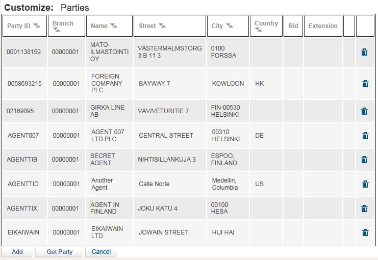Figure 15 Parties Profile List The Parties window includes information on: Party ID Branch Name The Party code. The branch of the party. The party branch name.