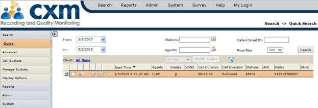 Click on Search to display a list of call recording entries for the current day. The screen is updated as shown below.