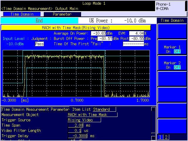 MX882000C W-CDMA Measurement Software Graphical Interface for Power Change in Time Domain The power of the RACH signal from the W-CDMA mobile and the EVM can be measured at the Time Domain screen.