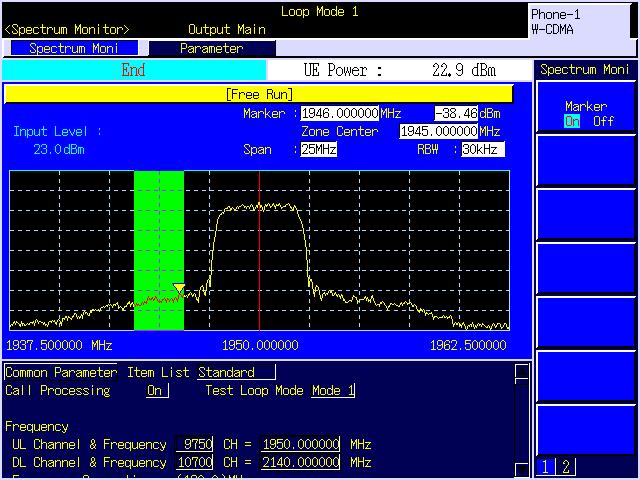 MX882000C W-CDMA Measurement Software Spectrum Monitor The spectrum in the 25-MHz bandwidth can be viewed using the spectrum monitor, and the in-band spurious and carrier leakage from the orthogonal