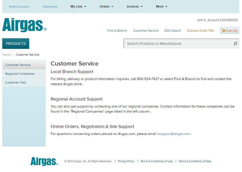 Customer Service The Customer Service page provides information about your local branch as well as Airgas Regional support.
