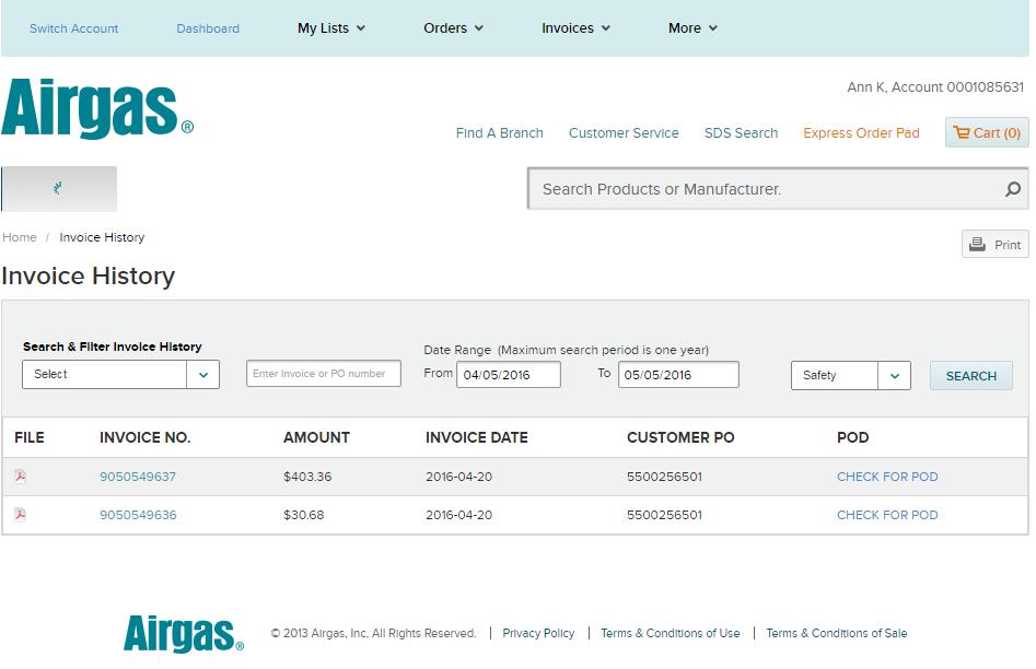 Invoices Invoice History Invoice History shows a list of your invoices for the last 365 days.