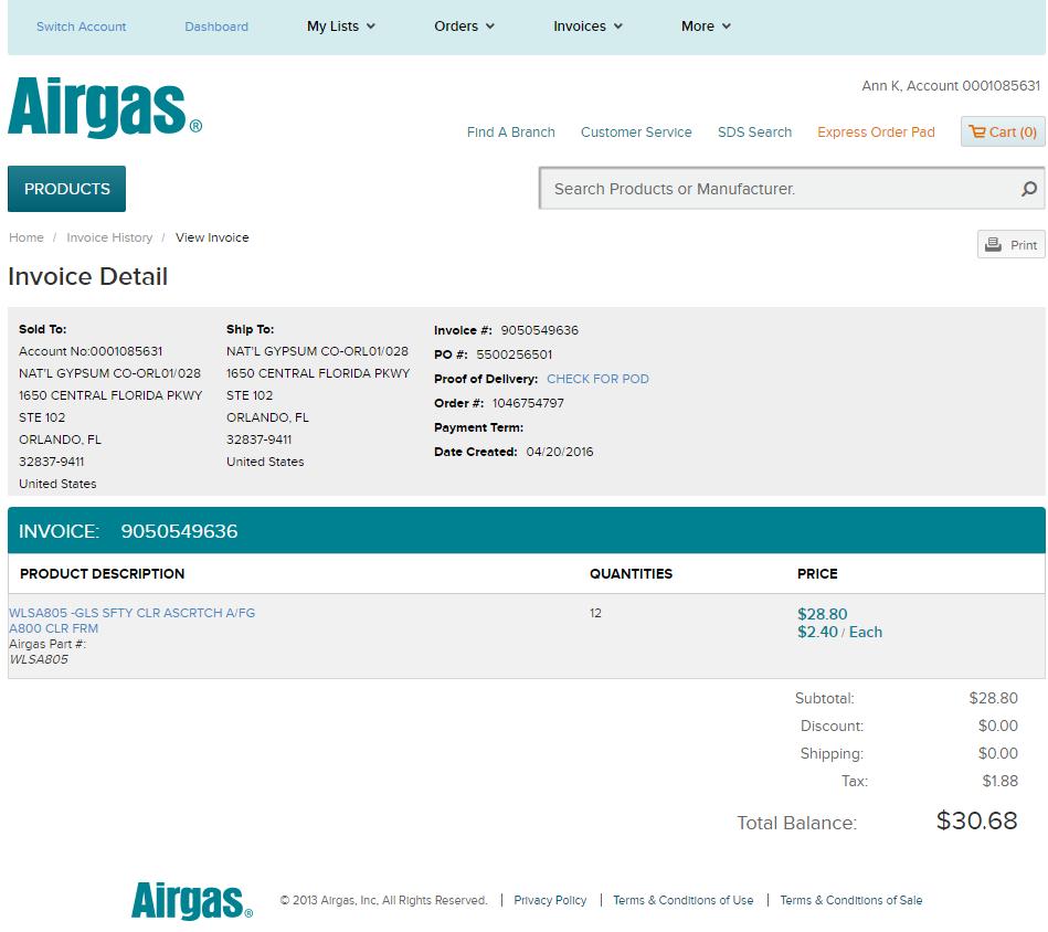 This is a new feature on the Airgas Punchout site. Invoice Detail Page By clicking on the Invoice No.