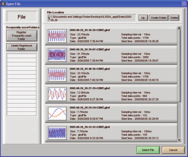 10-2 Open File Waveforms of the captured data can be displayed in a thumbnail format to enable easy confirmation of the data without having to open each file.