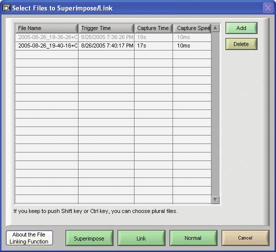 10-3 Superimposing Data and Linking Multiple Data Files 1 2 3 4 5 6 Number Menu Name Description 1 Add Click this button to add a file. 2 Delete Click this button to delete a file.