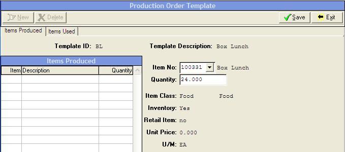 Items Produced To add a new production Item to the template, click New. To delete a production Item, highlight it and click Delete. Fields Item No. Enter/Select the item number that will be produced.