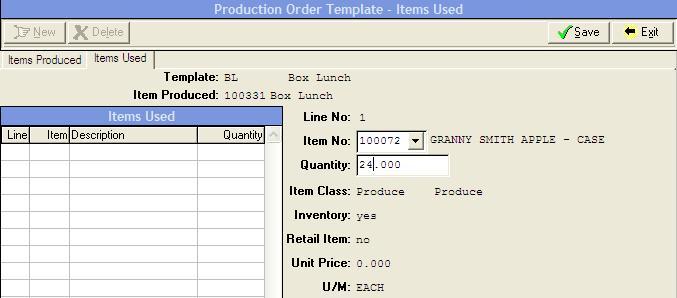 Items Used To add a new item to the production Item, click New. To delete an item from the production Item, highlight it and click Delete. Fields Line No.