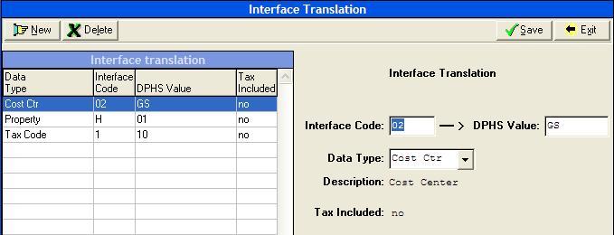 Interface Translation This table contains translations for information within interface imports files. This may include Property ID, Storeroom ID, Cost Center, and/or Tax Codes.