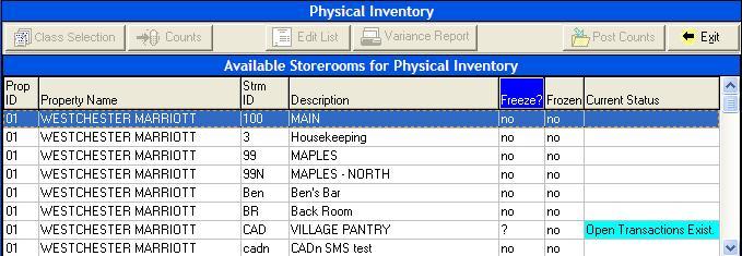 Click a storeroom to select it for inventory; the selected storeroom will be