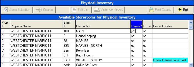 To begin inventory for a storeroom select yes in the Freeze? column.