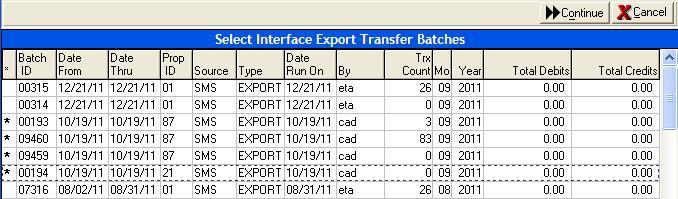 Export Transfer Report Select the export batches to include in the report by clicking on them.